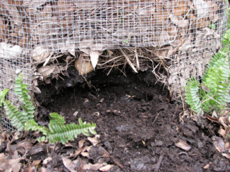 The finished compost beneath this mesh bin is dark and crumbly.
