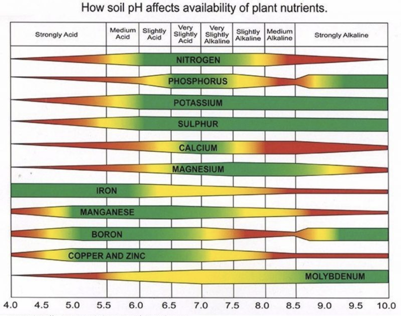 Chart showing how nutrient availability changes across soil pH levels from 4.0 to 10.0 for major plant nutrients.
