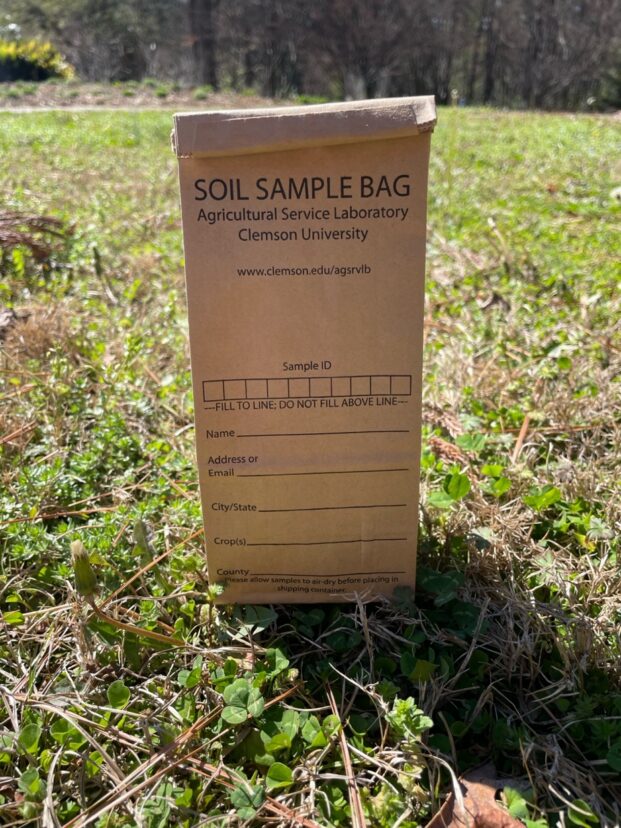 Clemson soil sampling bag used for collecting soil samples for laboratory pH testing.