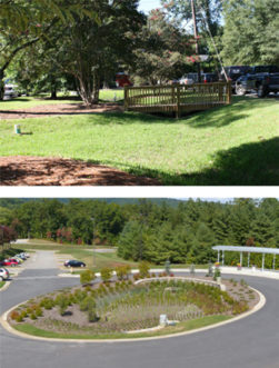 Figure 3. Bioretention cell design, including plant types used, can vary depending on the location and community needs. Top: The bioretention cell located in a small pocket park in Aiken, SC uses turfgrass as its primary type of vegetation. A bridge has been installed to help pedestrians cross over the cell. Bottom: The bioretention cell in the roundabout of this commercial parking lot receives runoff as flow across the pavement. A combination of shrubs, tall grasses, and small trees are used to landscape.