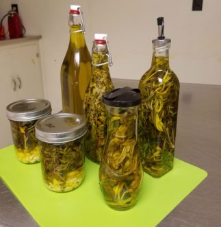 Herbs and/or garlic remain in oil for 1-10 days, depending on intensity of flavor desired.