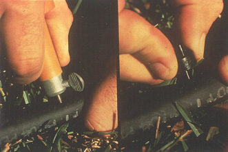 Image depicts installing and emitter as simple as punching a hole, then inserting an emitter.