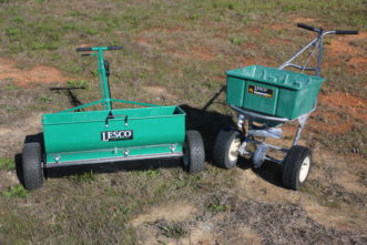 A drop spreader (left) and rotary spreader (right). Cory Tanner, ©2018, Clemson University