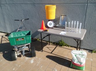 Materials necessary for calibrating a spreader. Justin Ballew, ©2018, Clemson University