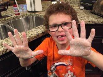 And guess what - it takes a good 10 to 15 seconds of scrubbing soapy hands together to create those snowman hands!