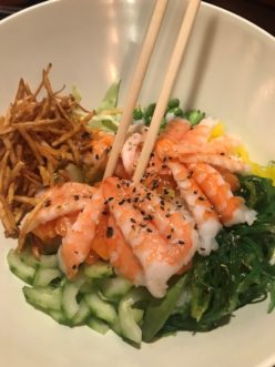 Poke Bowl. Shrimp, salmon, sushi rice, crab, cucumber, avocado, sweet pickled radish, seaweed salad, edamame, pickled red ginger, house sauce and potato chip. Available at Zen Ramen Sushi Burrito in Clemson.
