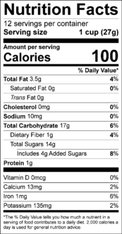 Nutrition facts for Pumpkin Pie Popcorn Mix with Raisins.