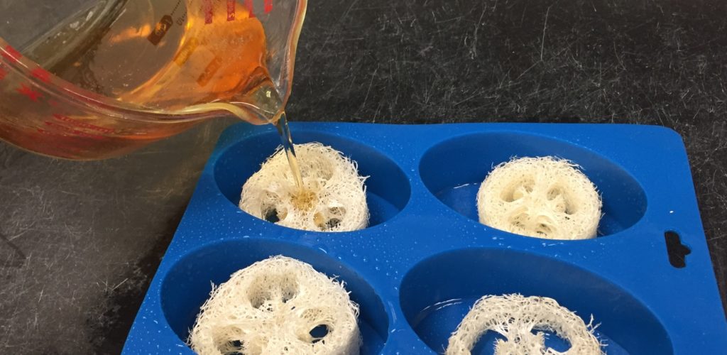 an-adult-should-pour-the-melted-soap-base-into-eac Fill each mold to the top with the melted soap base.