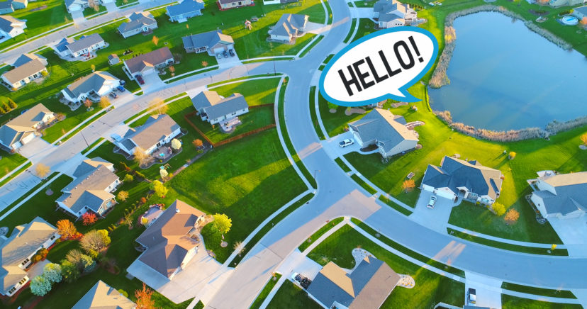 Beautiful neighborhoods, homes around pond, aerial view, Springtime dawn.
