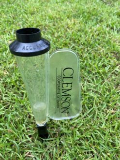 “A rain gauge is used to track rainfall amounts on the property.” K. Morganello, ©2020, Clemson Extension