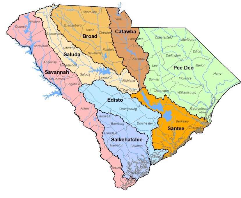 Figure 2. SC has eight major river basins. Image credit: SCDNR. Most of SC’s water is actually stored underground – in fact, “groundwater” comprises 99% of our freshwater resources. The Fall Line is a geographic feature that roughly splits SC in half, separating the Piedmont from the Coastal Plain, and runs approximately between Aiken, Columbia, and Cheraw. Nearly all of our groundwater is to the south and east of the Fall Line within the Coastal Plain. SC has several distinct aquifer layers that are separated by clay or rock that limit the movement of water between them.