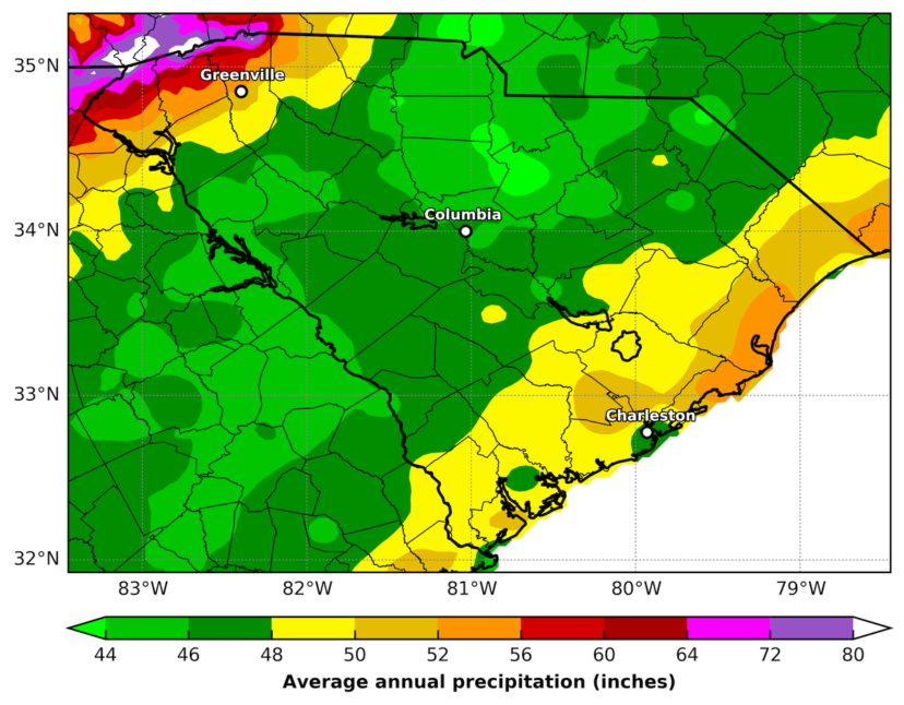Figure 4. Average annual rainfall levels vary across the state and can range from 44” to 80”. Image credit: Jordan McLead, Southeast Regional Climate Center.