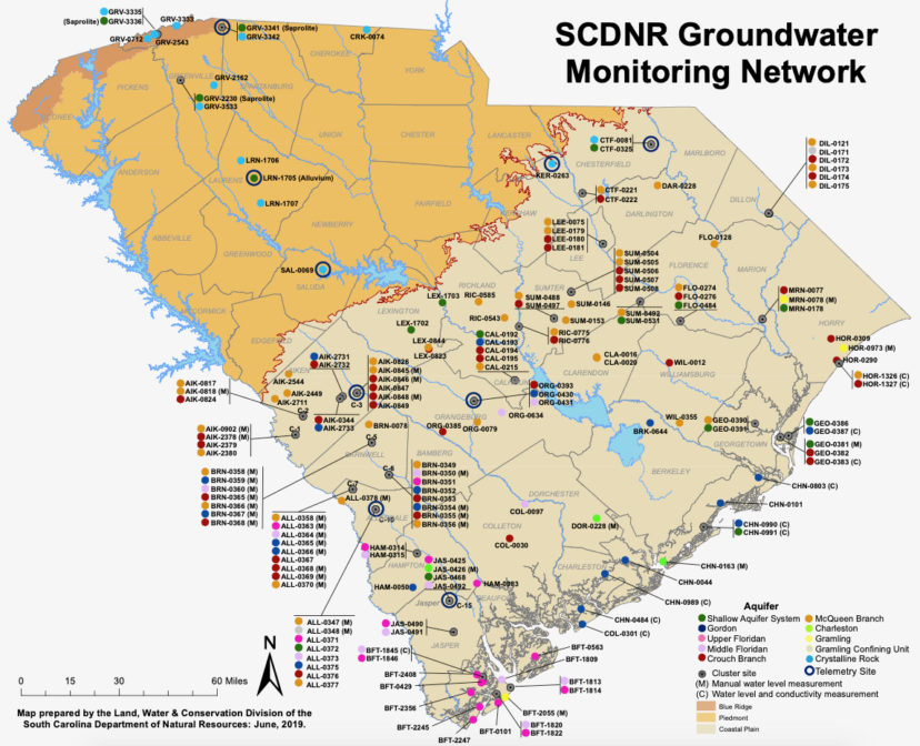 Figure 6. SCDNR focuses most groundwater monitoring efforts below the Fall Line, where the majority of SC’s groundwater is located. Image credit: SCDNR.