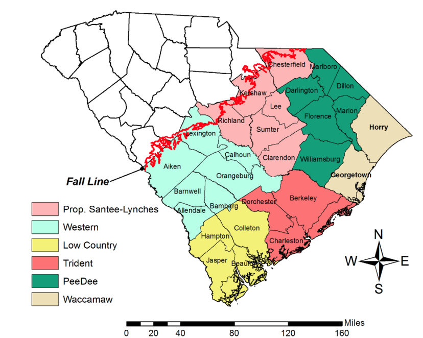 Figure 7. There are six Capacity Use Areas in SC, including the proposed Santee Lynches CUA. Image credit: Lance Foxworth, SCDHEC.