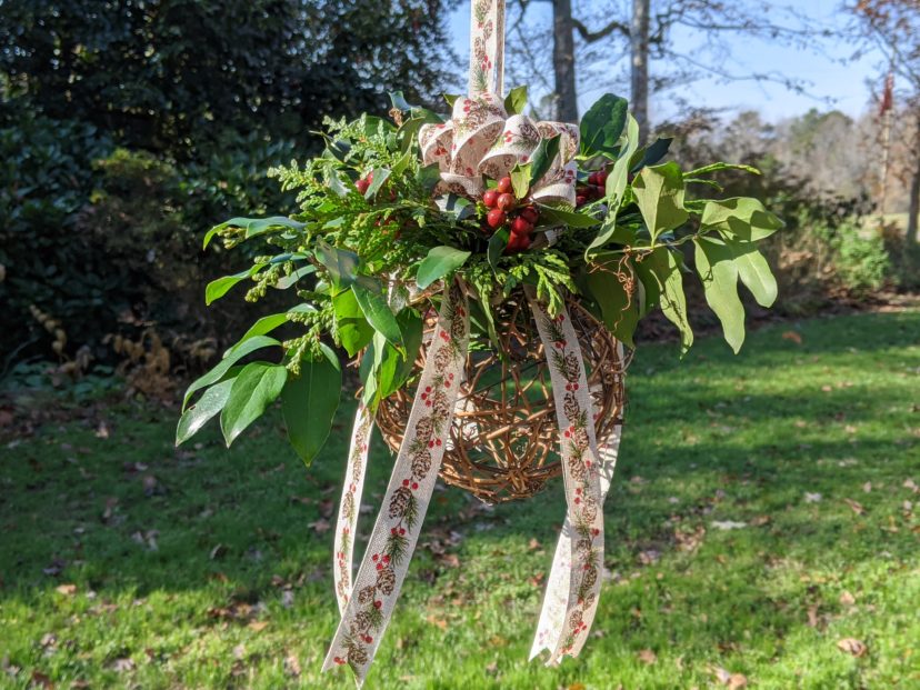 A purchased grapevine ball decorated with greenery and holiday ribbon is an easy way to make a kissing ball. 