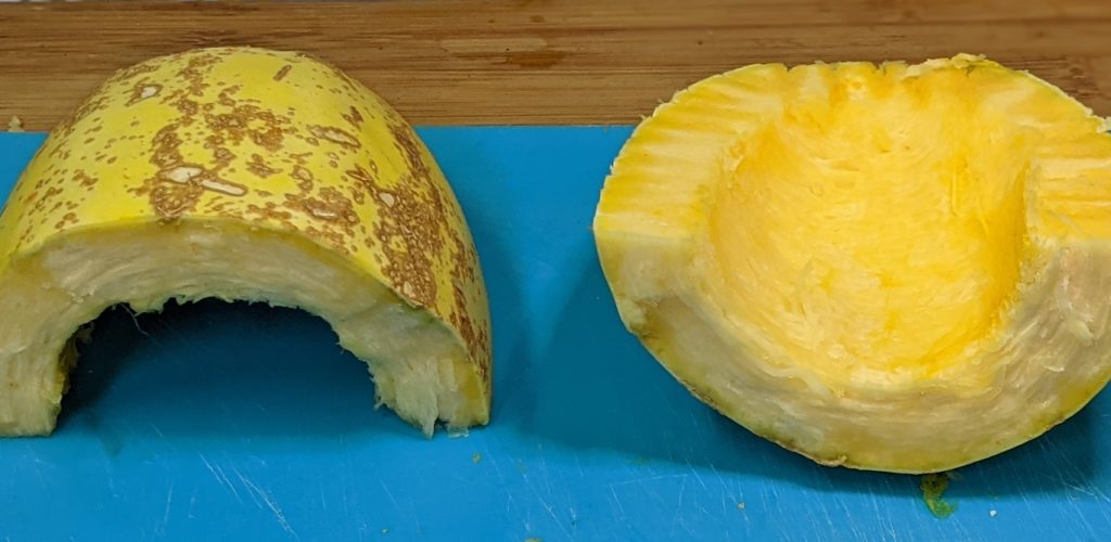 Spaghetti squash cut in half from stem to end skin side displayed on left, flesh side displayed on right Chase McIntosh Baillie, ©2021 Clemson Extension