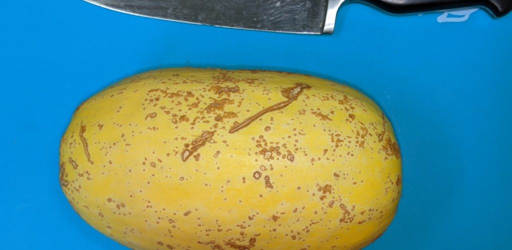 Whole spaghetti squash and knife. Chase McIntosh Baillie, ©2021 Clemson Extension