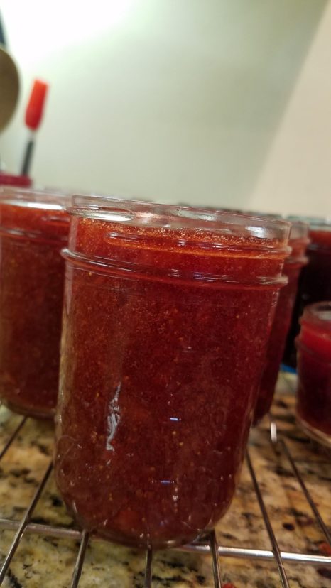 Fill hot jam immediately into hot, sterile jars, leaving ¼ inch headspace. Gayle Williford, ©2021, Clemson Extension