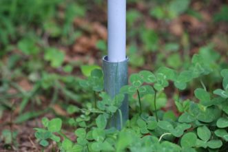 Twelve-inch sections of ¾ inch metal conduit inserted 8 inches into the ground create a permanent base for the frame. Cory Tanner, ©2021, Clemson Extension