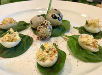 Deviled Quail Eggs next to boiled, unpeeled eggs. Adair Hoover, 2021 HGIC, Clemson University