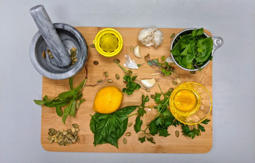 The basic ratio and recipe for any pesto is 1:1:2:2:8, nuts, garlic, oil, hard cheese, greens (or vegetable). <br/>Chase Baillie ©2020, Clemson Extension