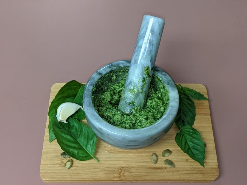 Traditionally a mortar and pestle are used to make pesto.