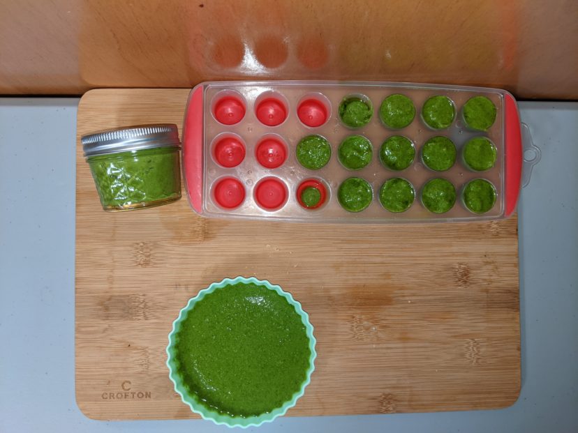 After processing, pesto can be kept for 3 or 4 days in the refrigerator, or frozen. <br/> Chase Baillie ©2020, Clemson Extension