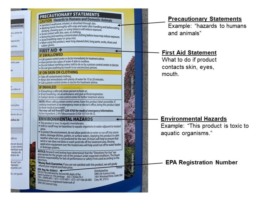 An example of a pesticide label, precautionary statement, first aid statement, environmental hazards, and EPA registration number.