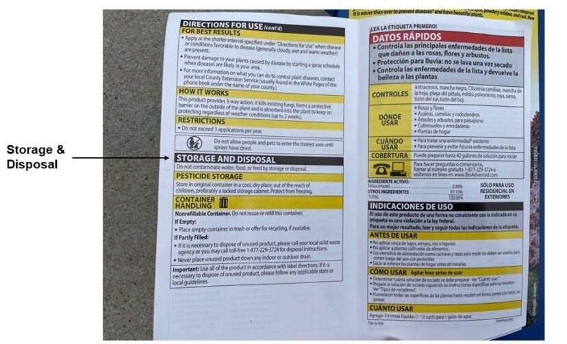 An example of a pesticide label, storage & disposal.