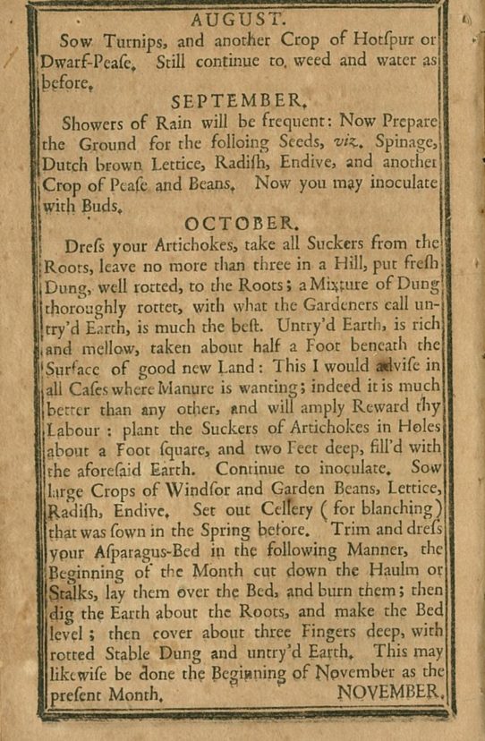Martha Logan’s gardening advice for August through October published in her “Gardener’s Kalendar.” Image courtesy of the South Carolina Historical Society, Charleston, S.C.