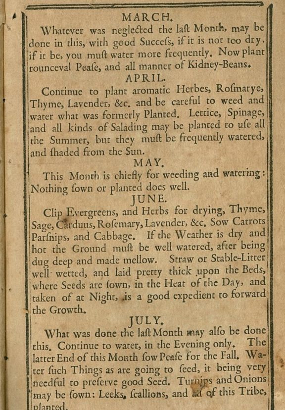Martha Logan’s gardening advice for March through July published in her “Gardener’s Kalendar.” Image courtesy of the South Carolina Historical Society, Charleston, S.C.