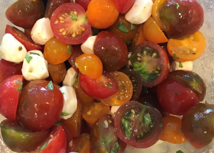 A cherry tomato caprese salad.