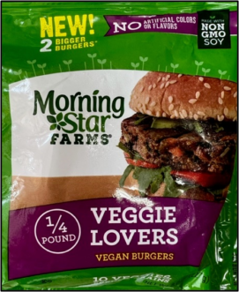 Figure 1: One of the varieties of vegan burgers sold by MorningStar Farms. MorningStar Farms offers several varieties of vegan burgers, including the Veggie Lovers and the Grillers Prime (nutrition data for MorningStar Grillers Prime is shown in Table 3).