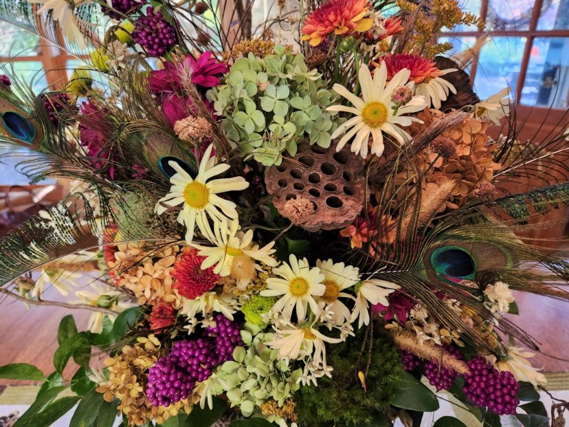 A closer look at the finished design shows all the textural elements. My daughter’s peacock provided the peacock feathers.