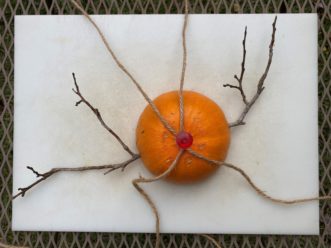 Use twine or ribbon cut into two equal lengths to hang the birdfeeder. Then, secure them to the bottom of the cucurbit with a push pin or nail. Pull twine or ribbon together and tie in a knot with a loop for hanging.