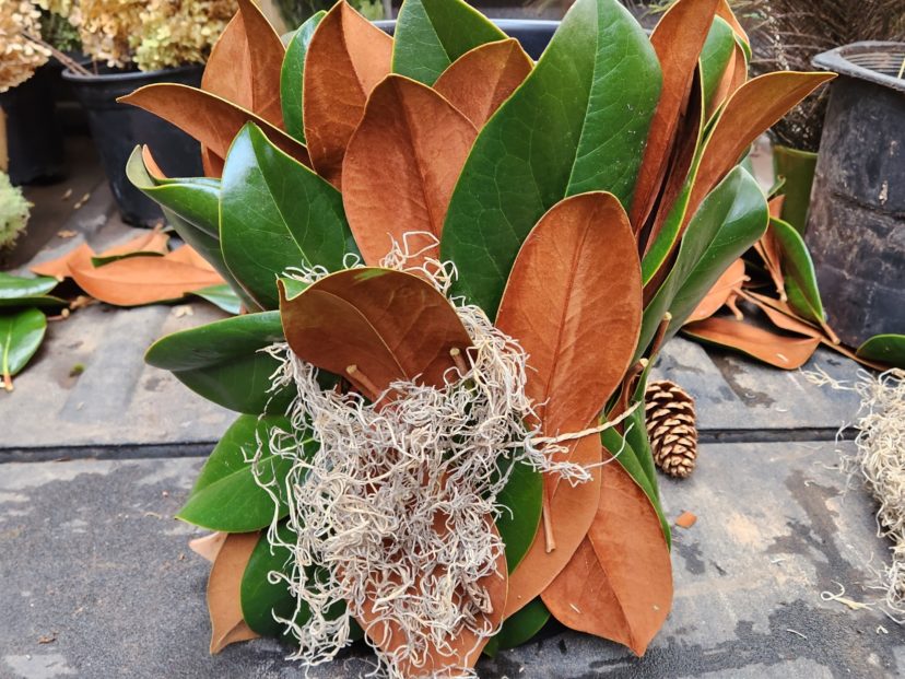 The finished magnolia leaf-covered container with Spanish moss creates another textural element to the design.