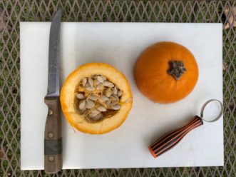 A pumpkin scoop or spoon is efficient for removing seeds.