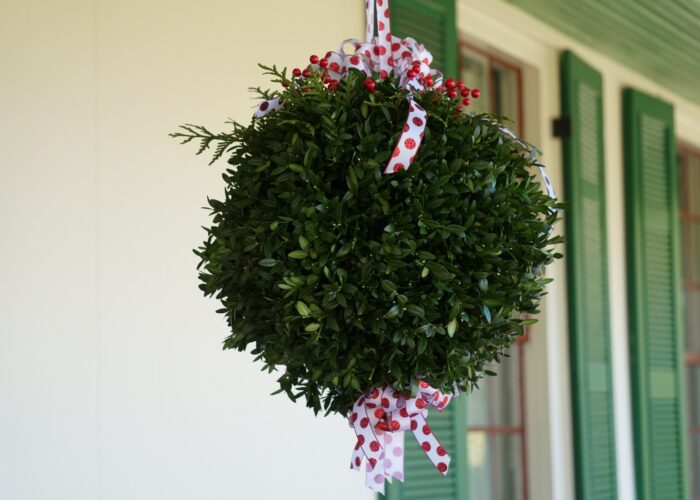 A traditional kissing ball hung from a doorway is said to encourage romance and is a great conversation piece.
