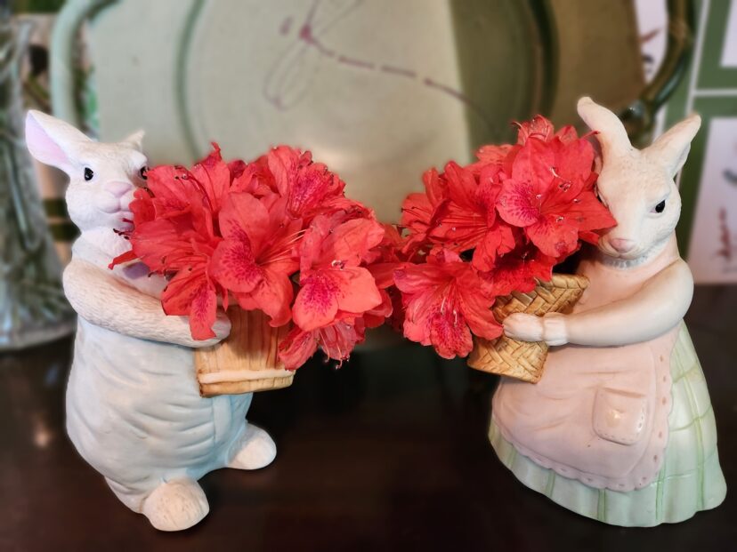 An arrangement can be as simple as a bouquet of azaleas in these adorable rabbit vases.