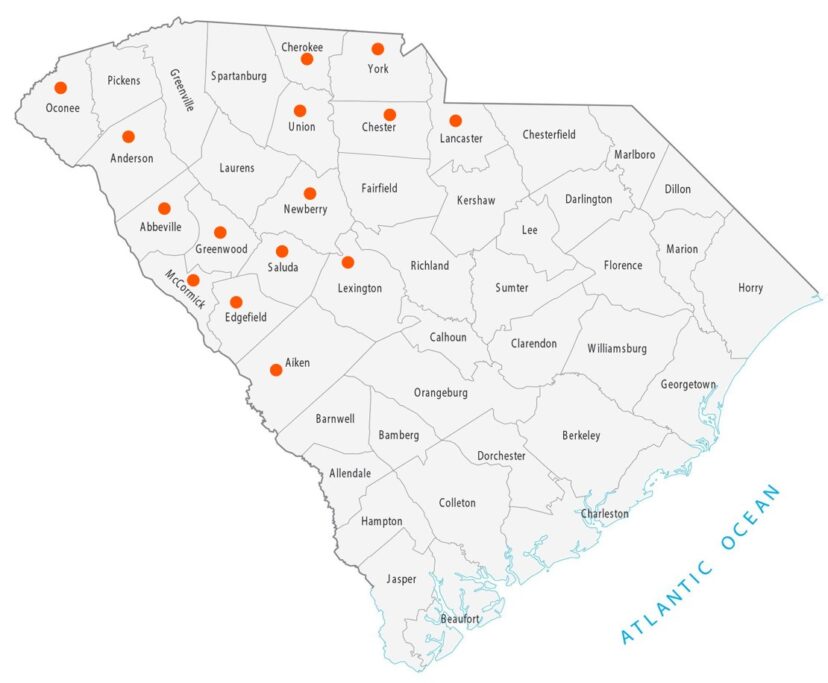 In South Carolina, the emergence is projected to be in many upstate counties and counties along the Savannah River basin down to Aiken County. Credit: gisgeography.com/south-carolina-county-map/