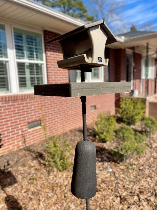 Squirrel baffle on bird feeder.