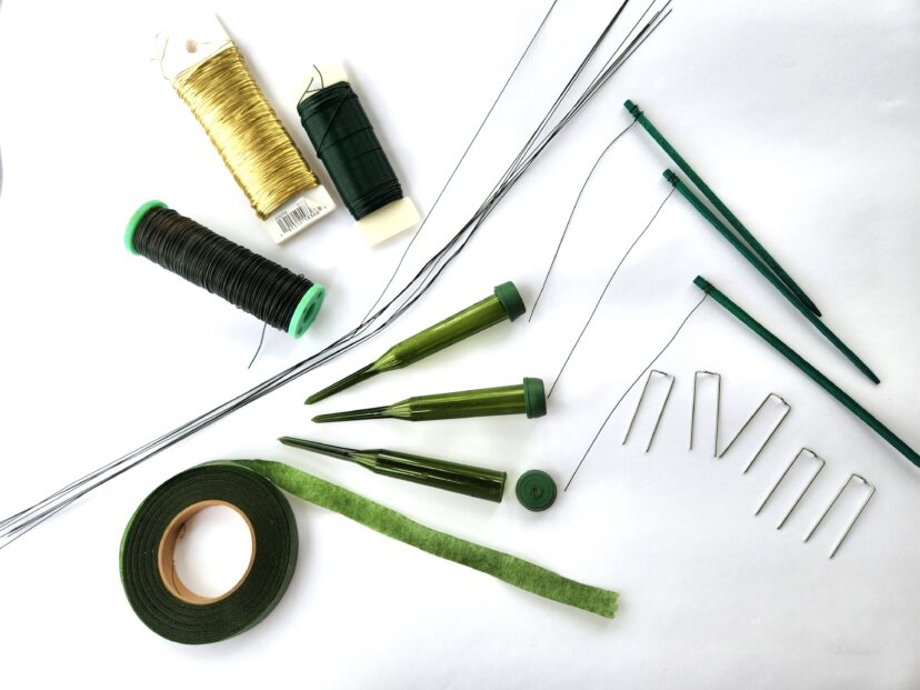 Floral tape, different gauge floral wire, water tubes, wooden wire picks, and floral pins are useful flower-arranging supplies.Barbara H. Smith, ©2024 HGIC, Clemson Extension