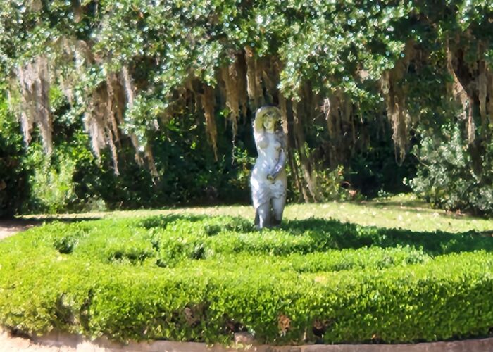 boxwood-hedges-encircle-a-statue- Boxwood hedges encircle a statue.