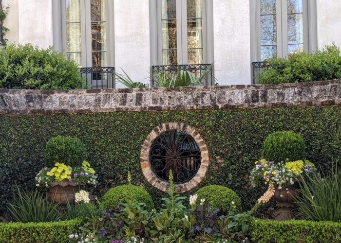 boxwood-topiaries-and-hedges-planted-in-a-charlest Boxwood topiaries and hedges planted in a Charleston, SC garden.