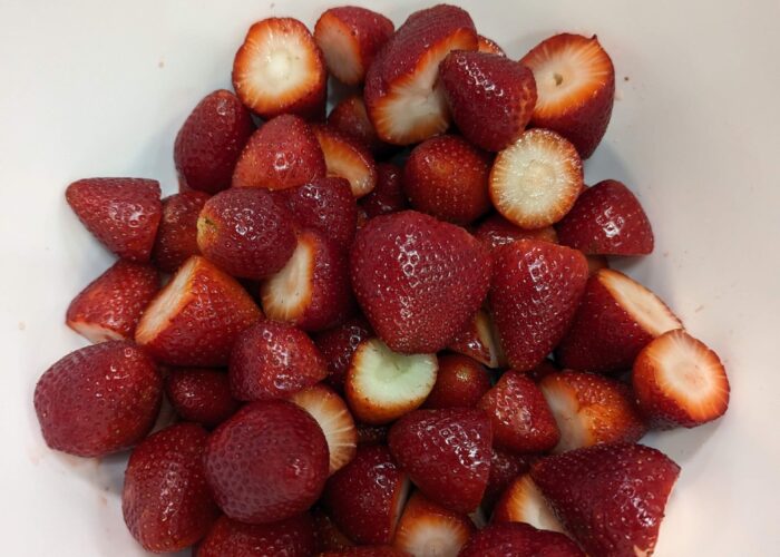 Whole Strawberries with the tops/stems cut off.