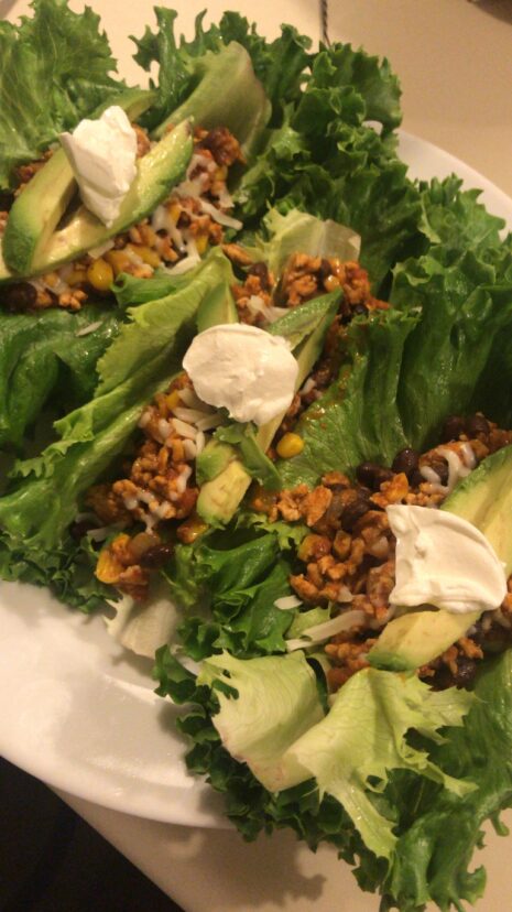 Turkey taco lettuce wraps prepared using leftover black beans and leftover ground turkey meat.