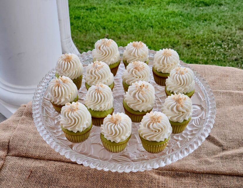 White cupcakes with Swiss meringue buttercream.