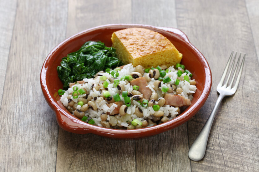 Hoppin John, a New Year traditional food: black-eyed peas and rice, cornbread, and cooked greens.