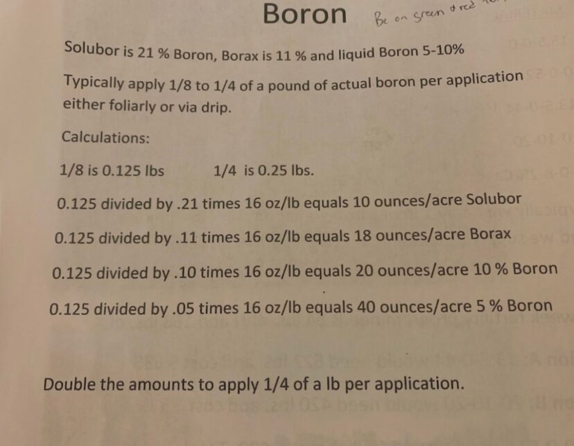 Calculations for applying boron to help with blooms. Be careful, as too much boron is an effective herbicide.