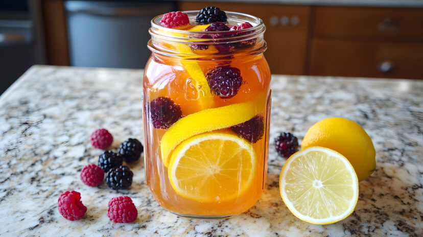 A citrus fruit and berry-infused water served in a mason jar with orange slices, lemon, lime, and berries.